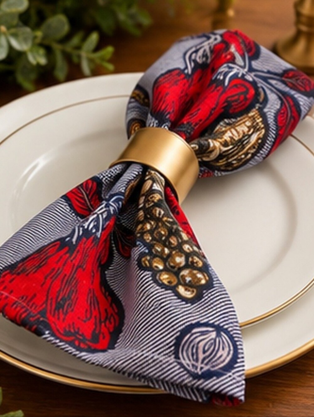 Set of 6 Pear Print Cloth Napkins 15x16" Red Gold Navy Vintage Style